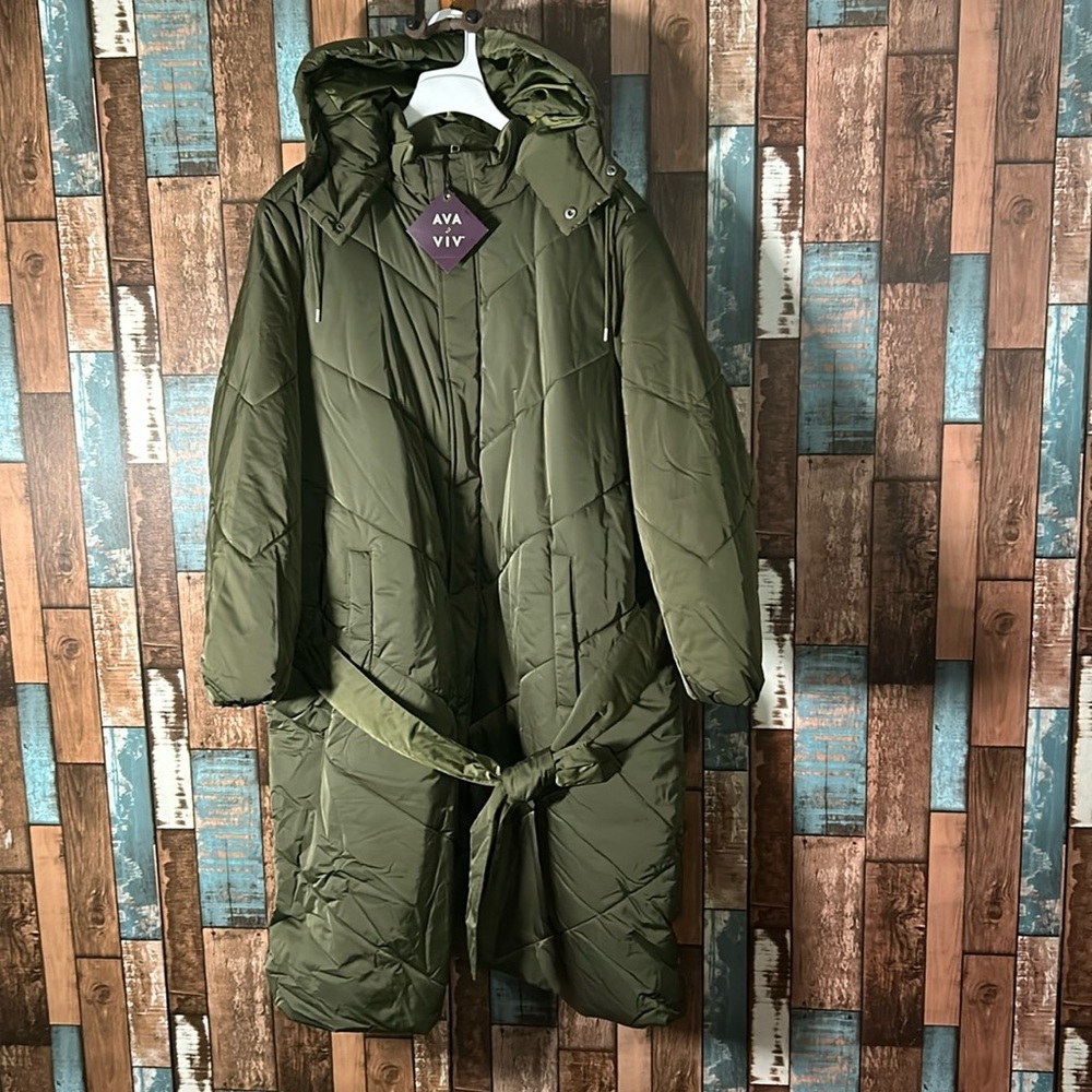 Ava & Viv army green warm puffer jacket with belt and pockets